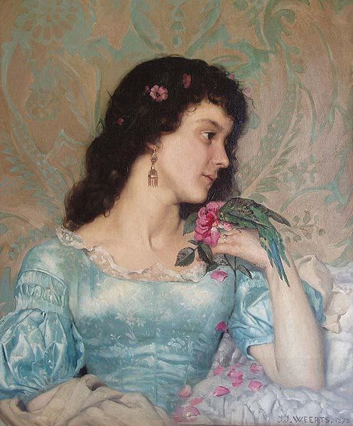 Weerts Jean Joseph Beautiful pensive portrait of a young woman with a bird and flower